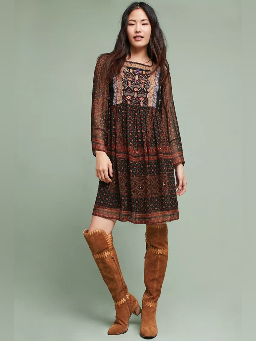 AKEMI+KIM Anthropologie Embroidered Boho Mini Dress Black Floral Sheer Sleeve XS